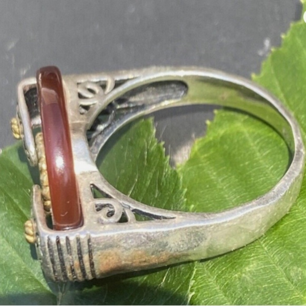 Sterling Silver Yellow Gold Vintage Ring Carved Jade Bi-Disc - Picture 4 of 4